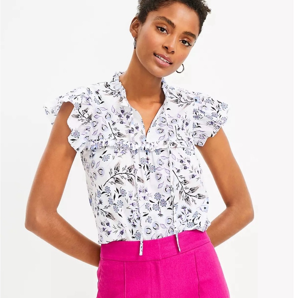 LOFT Floral Ruffle Yoke Tie Neck Top